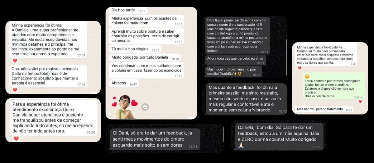 Montagem de mensagens de WhatsApp de pacientes elogiando o atendimento e relatando alívio de dor depois das sessões